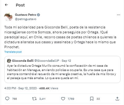 Gustavo petro sobre Presidente de Nicaragua