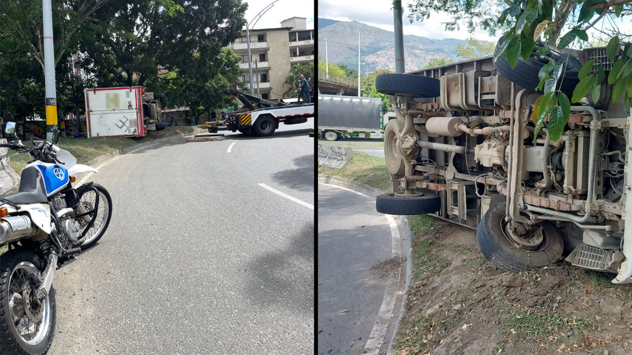 Camión terminó volcado en la ‘oreja’ de la 33