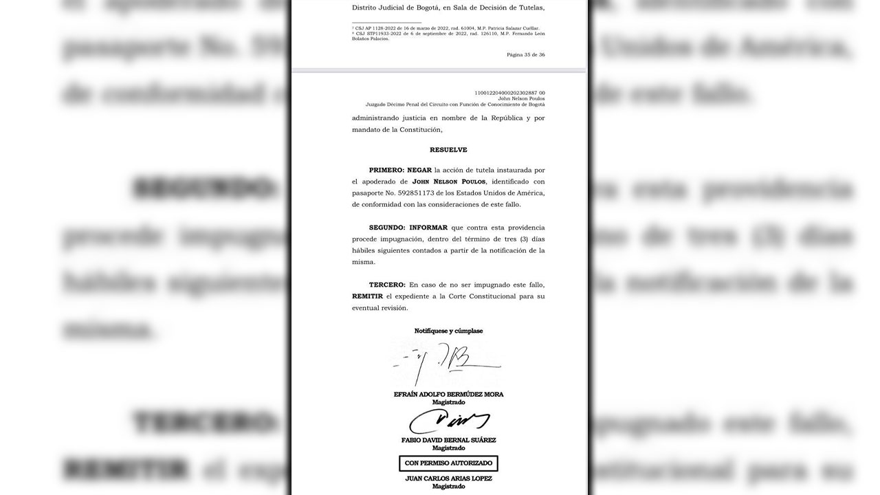 Tribunal Superior negó tutela a John Poulos