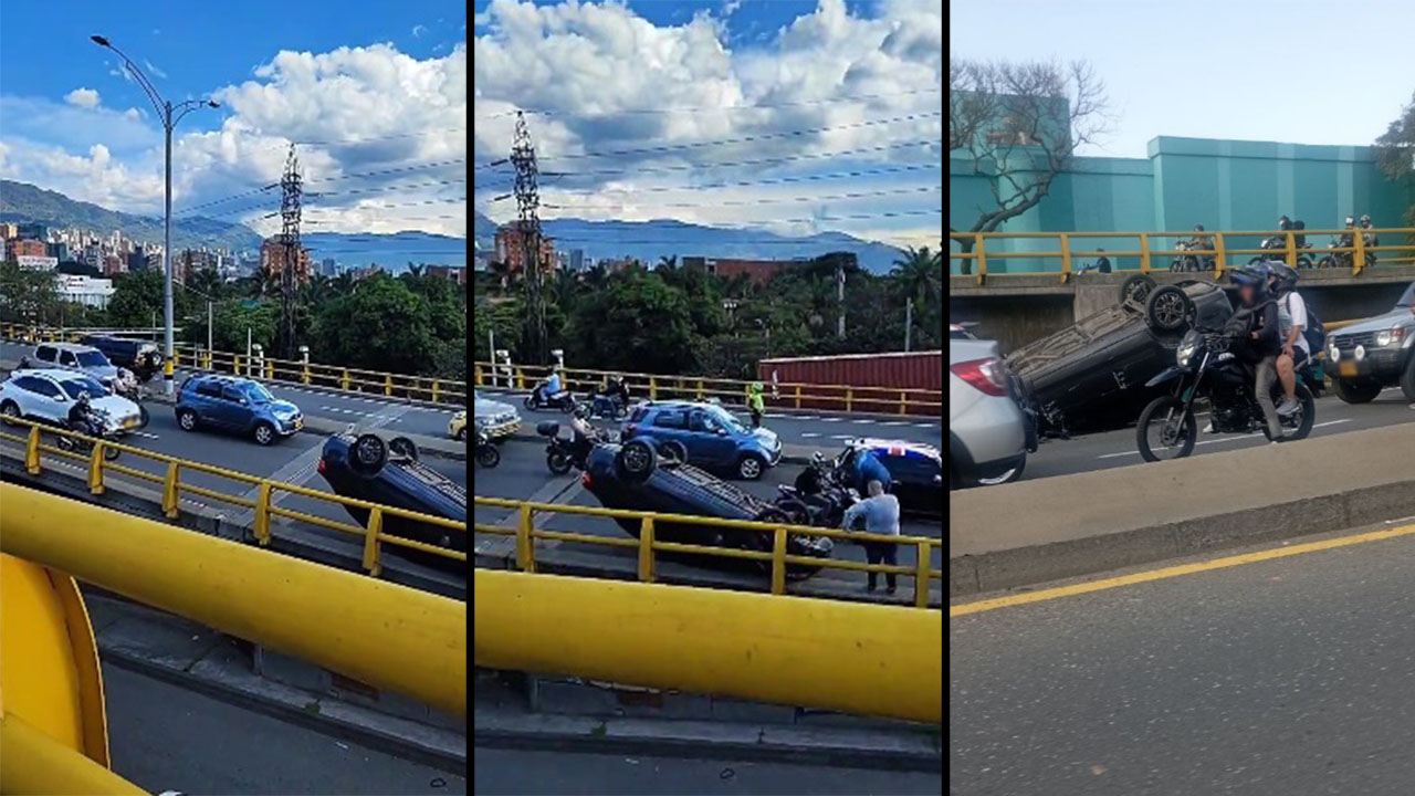 Un carro terminó con las llantas para arriba en la calle 10, cerca a la estación Poblado