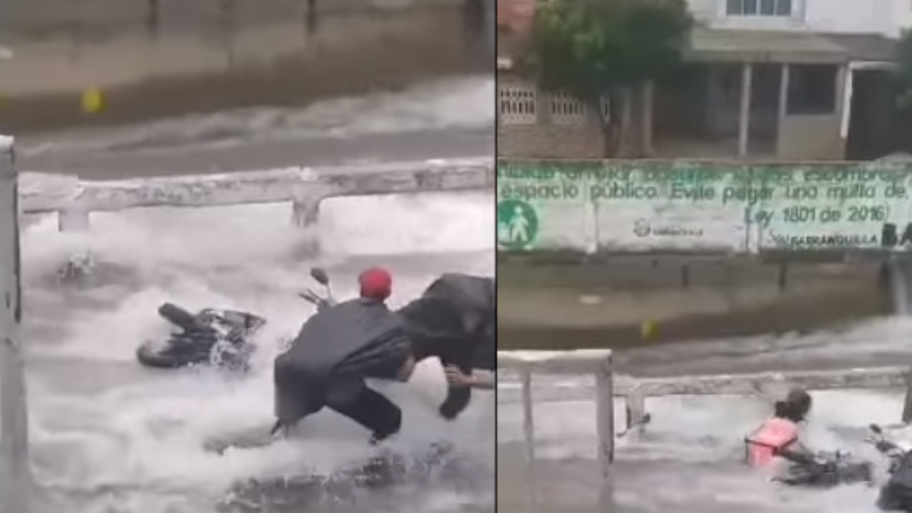VIDEO. ¿Dónde quedó?: Domiciliario fue arrastrado por una fuerte corriente de agua