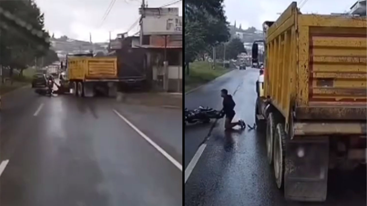 VIDEO. ‘Se salvó de milagro’: motociclista casi es arrollado por un camión la vía Bello-Copacabana