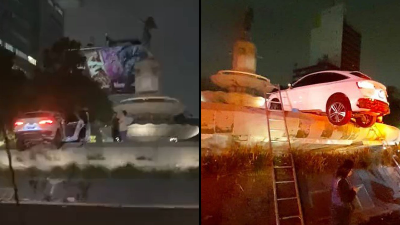 ¡Al estilo qué pasó ayer! Carro chocó y terminó montado contra emblemática fuente en México