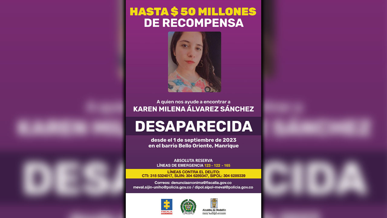 Ofrecen 50 millones quien de información del paradero de Karen Milena Álvarez Sánchez