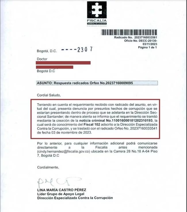Fiscalía investigará presunto entrampamiento a abogado en caso de desfalco a la Terminal de Bucaramanga