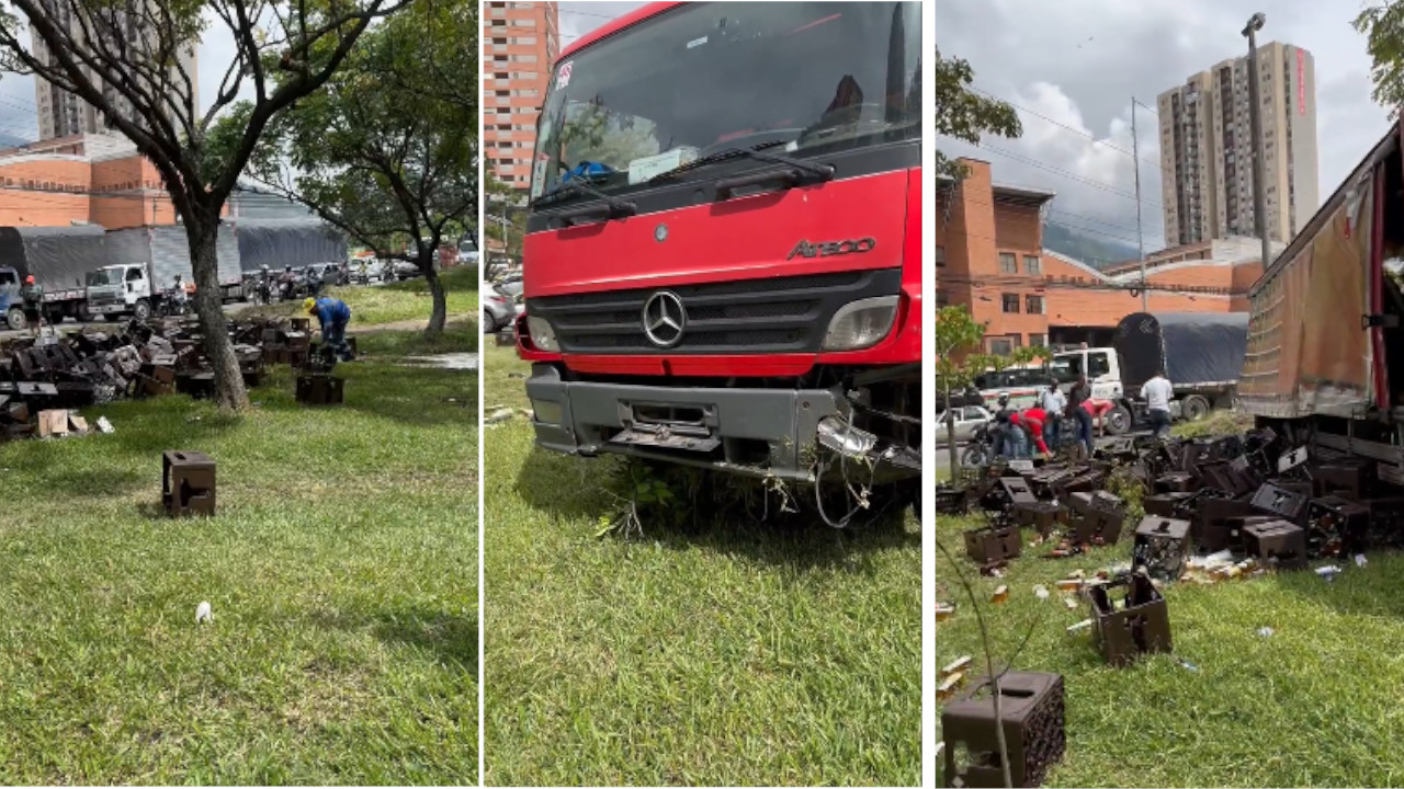 VIDEO. Camión repleto de cervezas terminó encima de una zona verde antes de la glorieta de Niquía