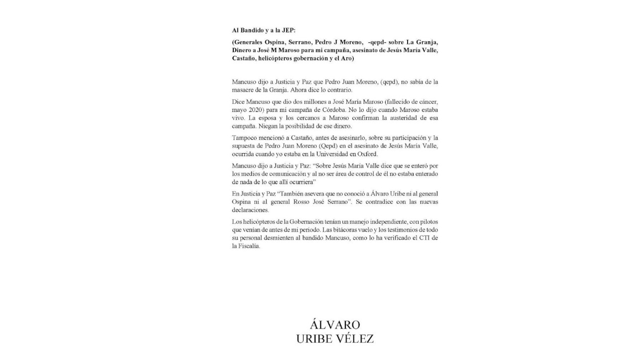 Ex presidente Uribe pide versión libre en la Comisión de Acusaciones