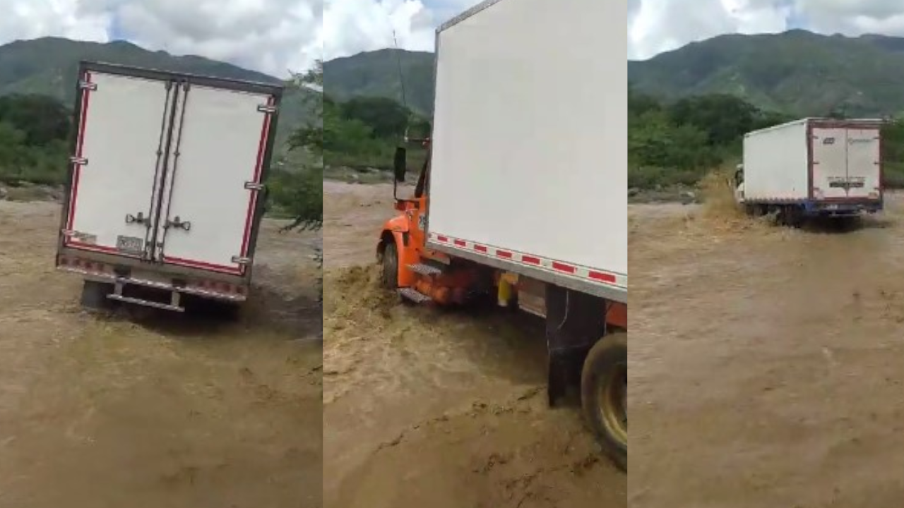 Conductores de carga se arriesgan cruzando el rio Tonusco