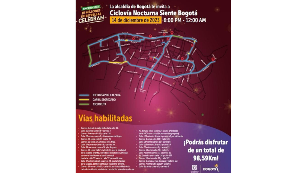 Así será la ruta para la Ciclovía Nocturna de este 14 de diciembre en Bogotá