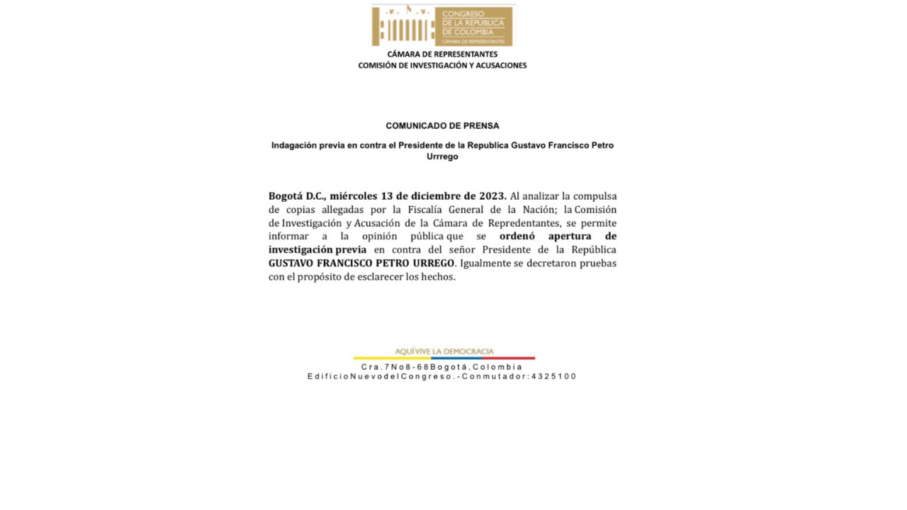 Comisión de Acusación abrió indagación previa contra el presidente Petro