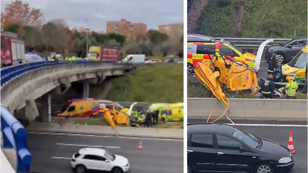 Helicóptero cae en plena avenida de Madrid en aterrizaje forzoso