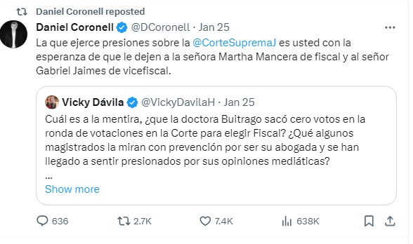 Pelea de trinos entre Vicky Davila y Daniel Coronel por la elección de fiscal