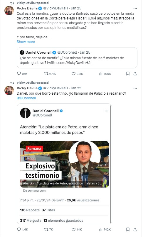 Pelea de trinos entre Vicky Dávila y Daniel Coronel por la elección de fiscal