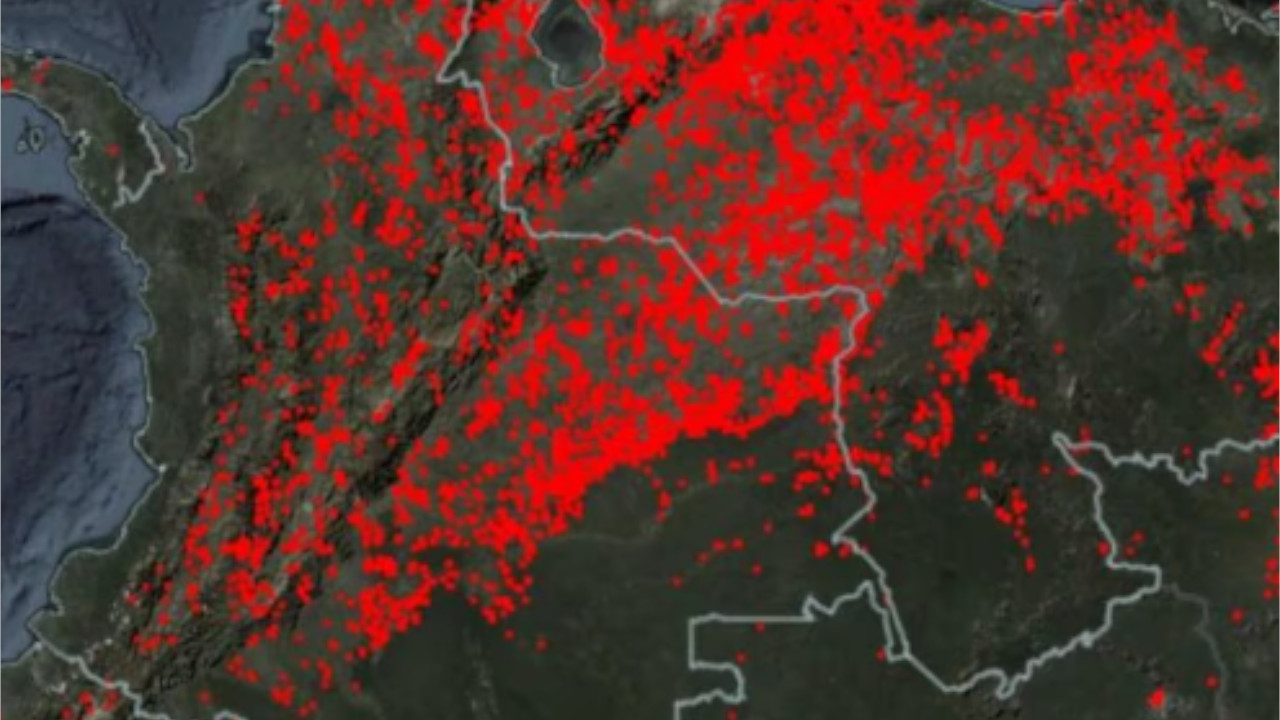 Mapa muestra puntos de calor en Colombia por incendios activos
