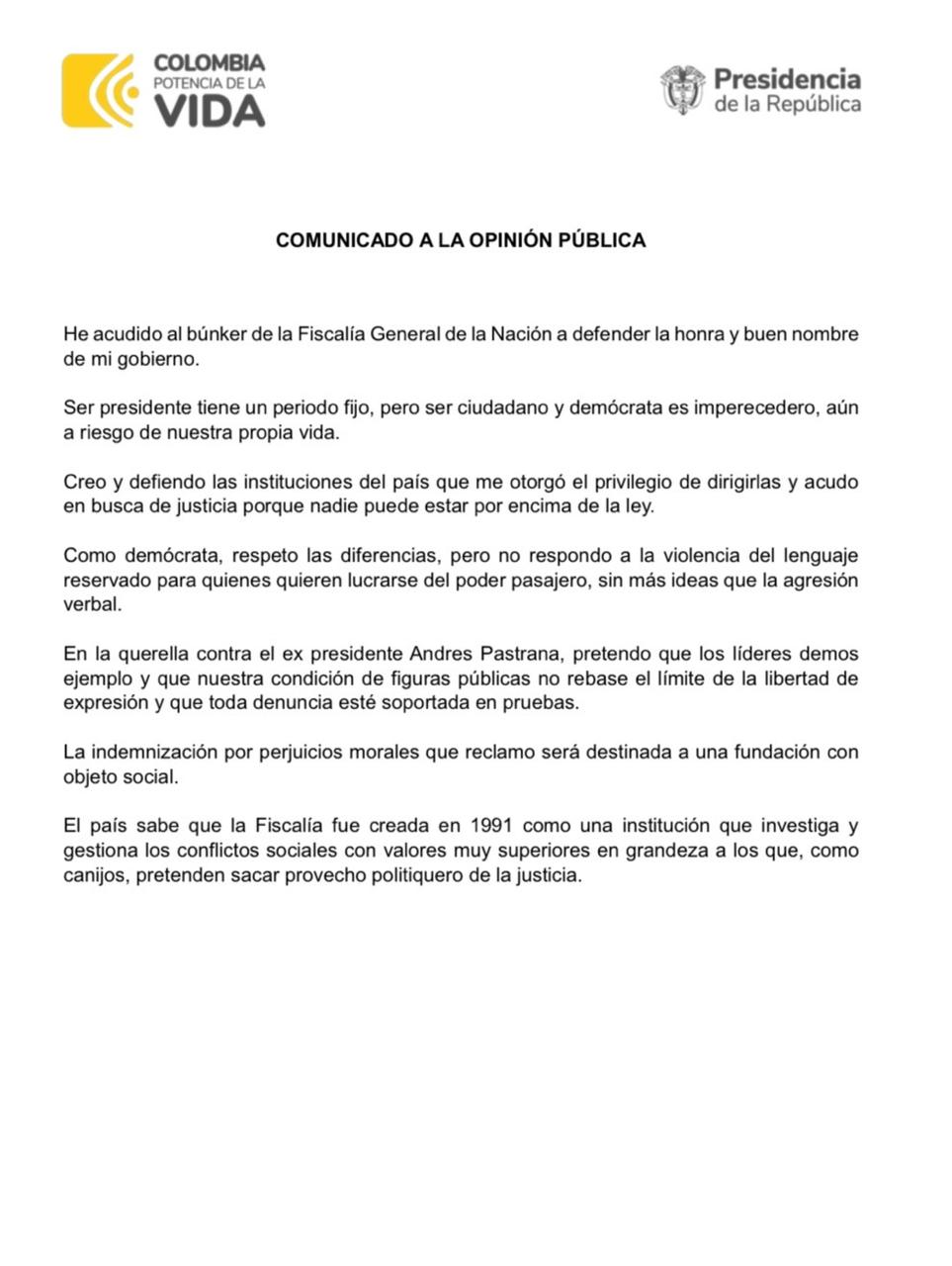 El Presidente Petro donará a una fundación la indemnización que pedirá en el caso contra Andrés Pastrana