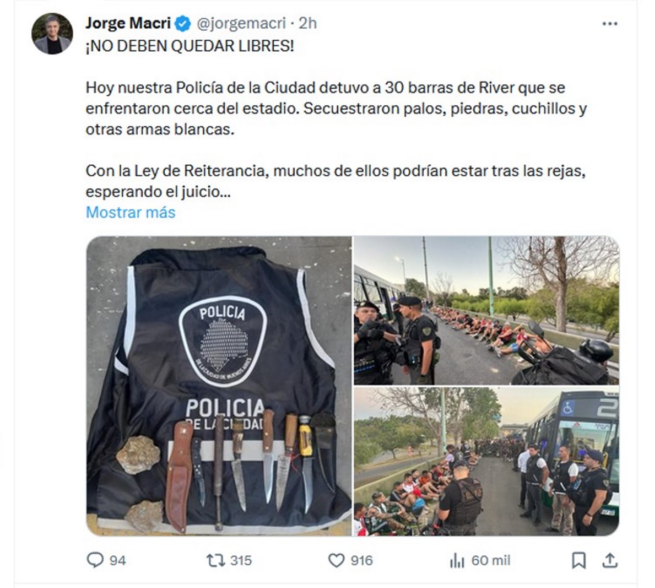 El Jefe de Gobierno de Buenos Aires,
Jorge Macri, informó por redes de la captura de los 30 barristas, así como la incautación de armas