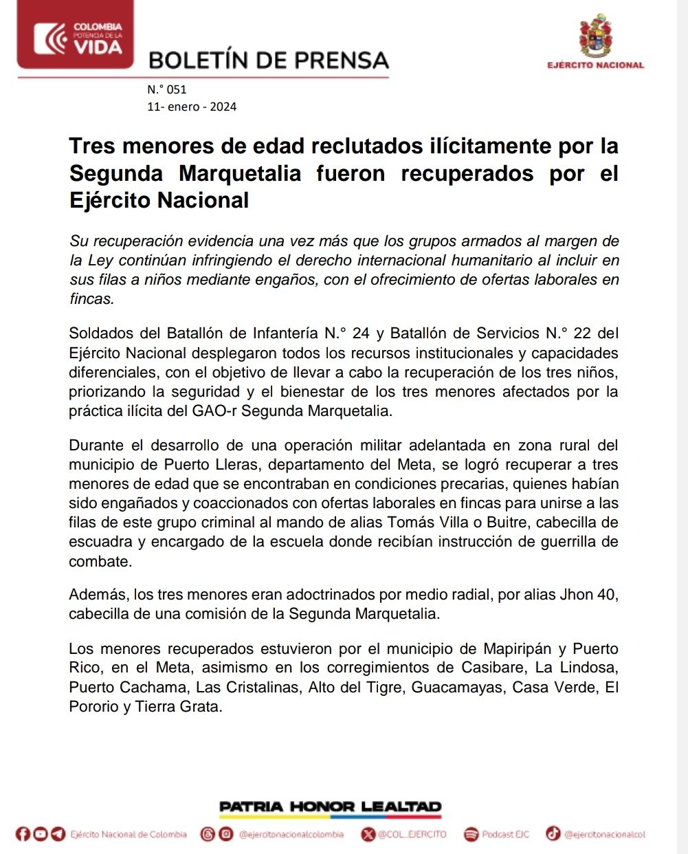 ¡Fueron recuperados por el Ejercito! Tres menores de edad reclutados mediante falsas ofertas laborales por la Segunda Marquetalia en el Meta