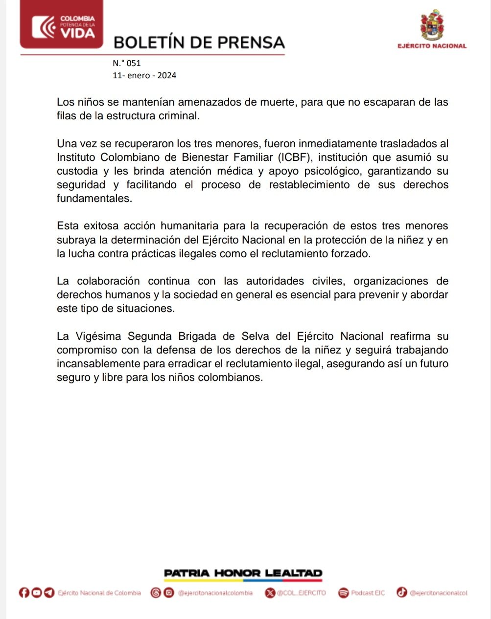 ¡Fueron recuperados por el Ejercito! Tres menores de edad reclutados mediante falsas ofertas laborales por la Segunda Marquetalia en el Meta