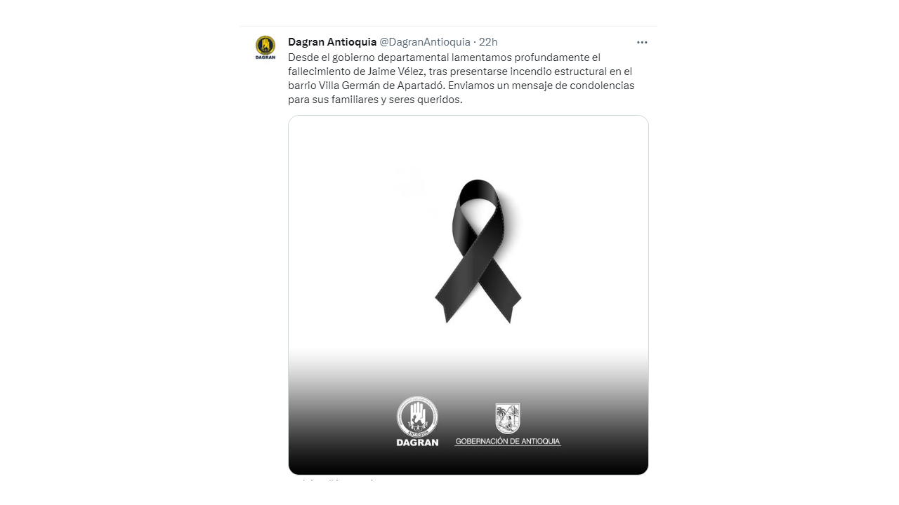 'Lamentable': Un corto circuito acabó con la vida de un adulto mayor en Apartadó