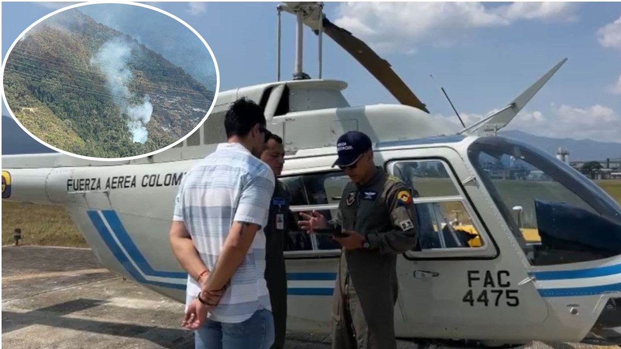 La zona rural del Valle del Cauca tiene en alerta a las autoridades locales y los habitantes del sector por un incendio forestal. Fotos: Fuerza Aeroespacial de Colombia