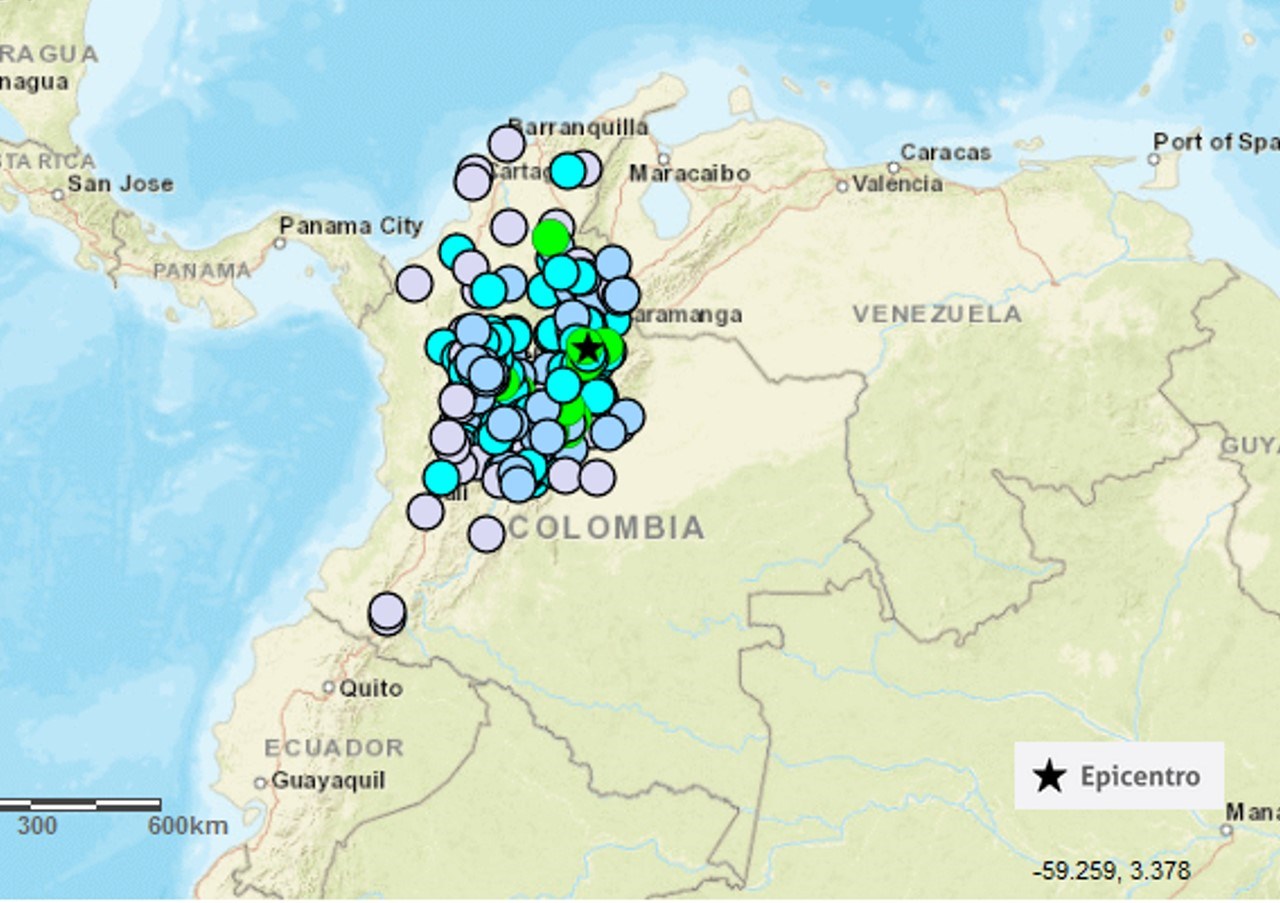 Así se ve el mapa de los 265 municipios en los que se reportó al Servicio Geológico haber sentido el sismo del medio día de este domingo 21 de enero. Foto: @sgcol