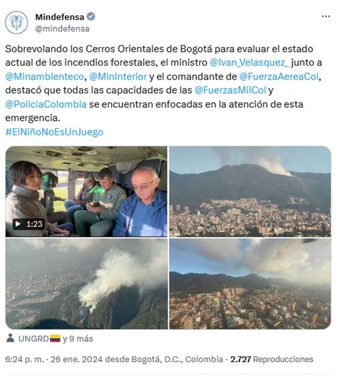 Trino del Ministerio de Defensa, en el que se informa del sobrevuelo que hicieron los Ministros de Interior, DEfensa y Medio Ambiente con el comandante de las FAC