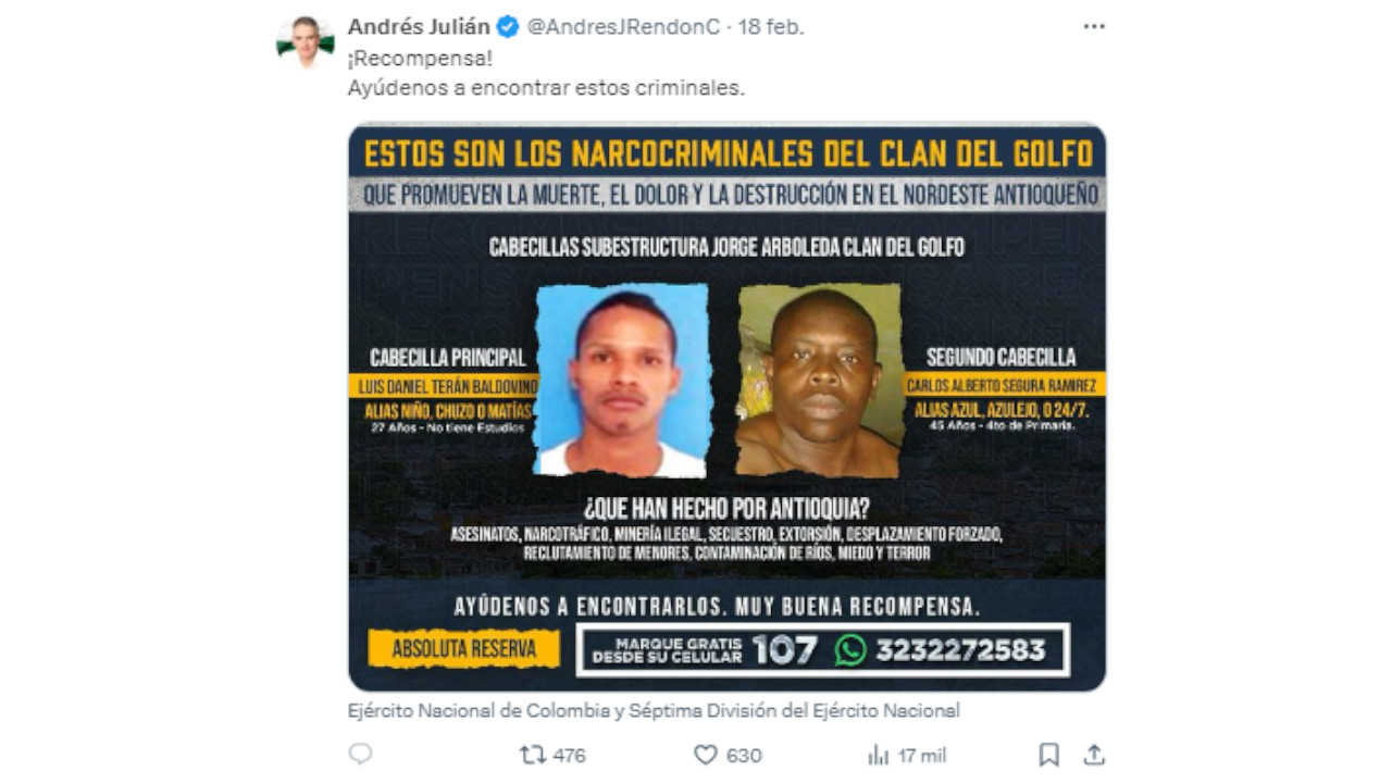 Buscan a cabecillas del Clan del Golfo que están generando terror en Antioqueño10