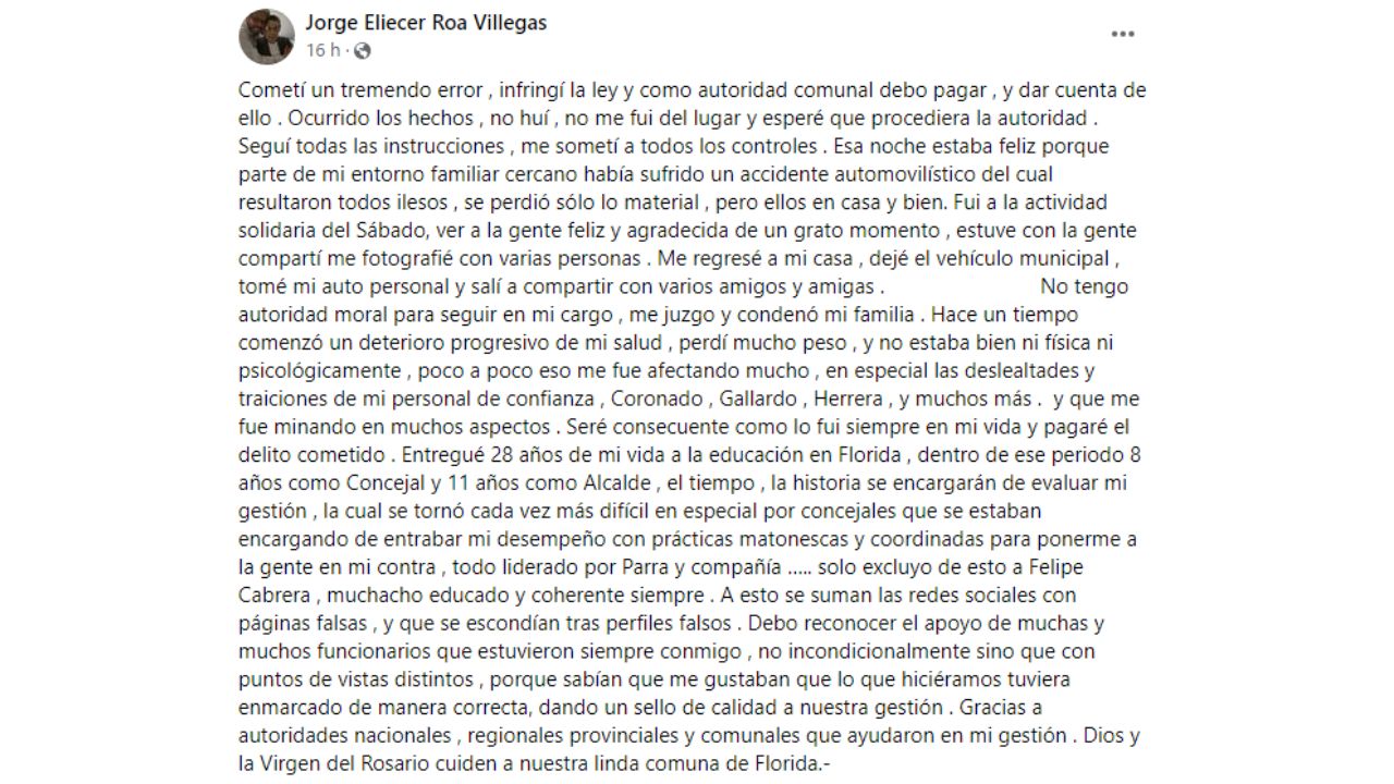 Alcalde chileno se quitó la vida tras ser detenido por conducir ebrio