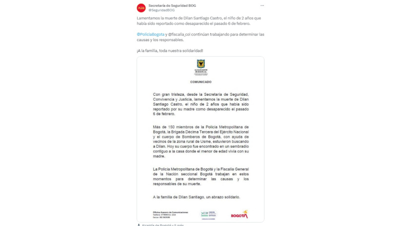 Distrito lamenta el fallecimiento de Dilan Castro, desaparecido en Usme