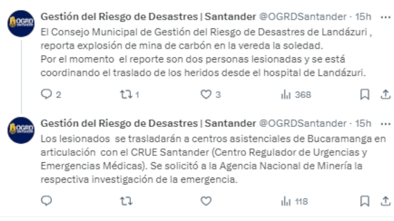 Dos personas quedaron heridas por explosión en mina de en Landázuri, Santander