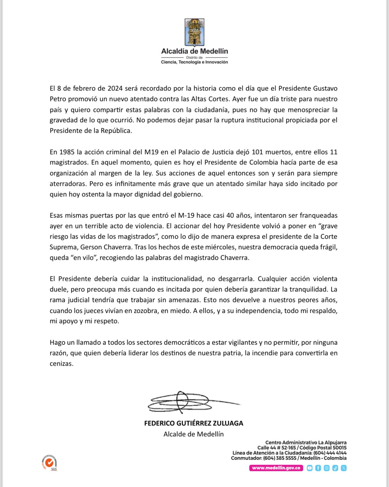 Fico Gutierrez calificó el día de las protestas frente a la Corte como Ruptura institucional