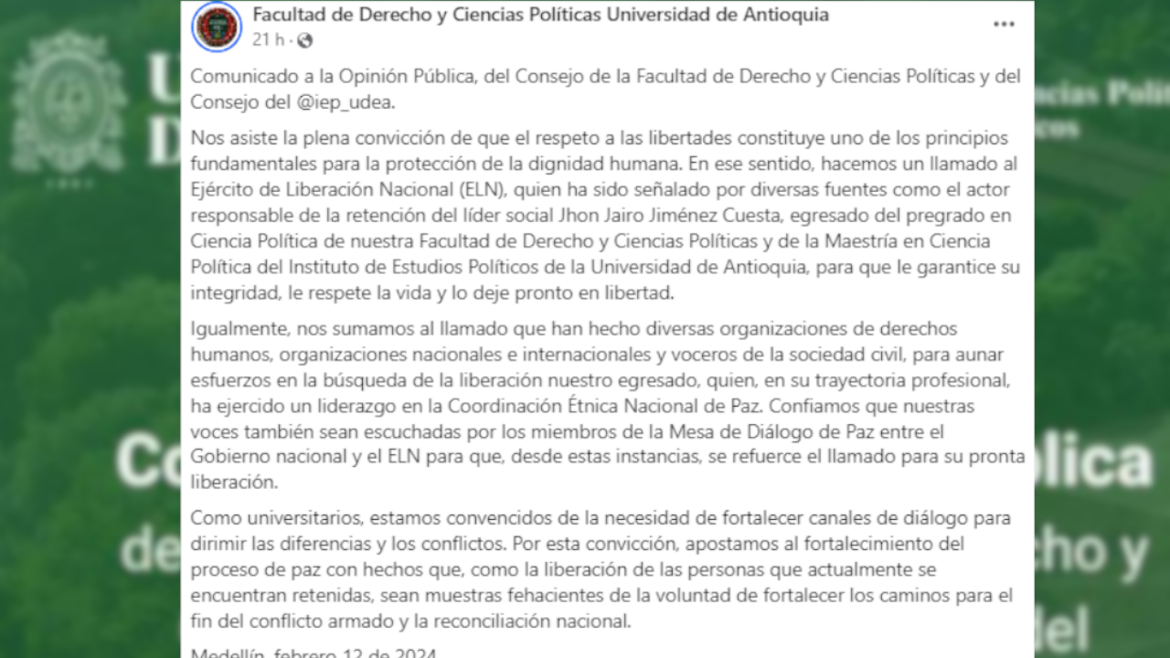 La Universidad de Antioquia se pronunció ante el secuestro del egresado y líder social Jhon Jairo Jiménez