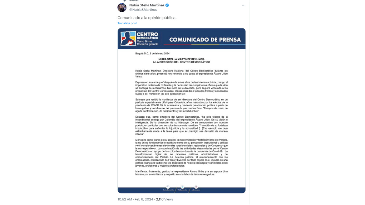 Nubia Martínez renunció a la dirección del Centro Democrático