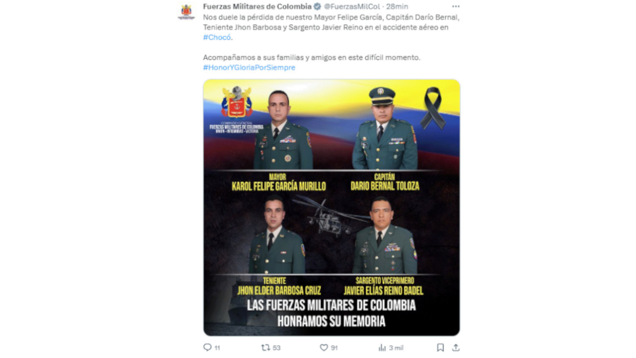 Helicóptero del Ejército se accidentó en Chocó, dejó 4 muertos