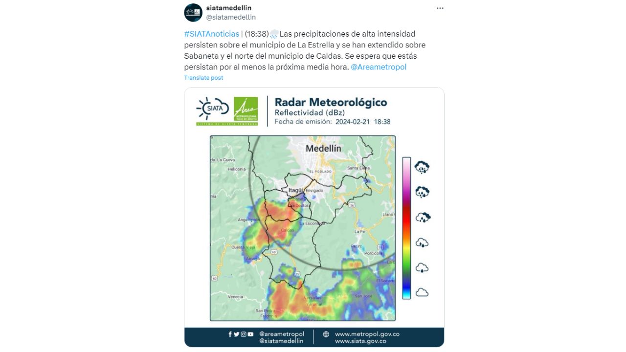 Así se ve el fuerte aguacero que cae en Sabaneta 