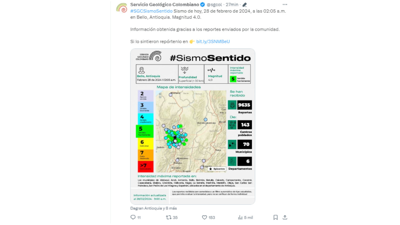 Sismo con epicentro en Bello, Antioquia