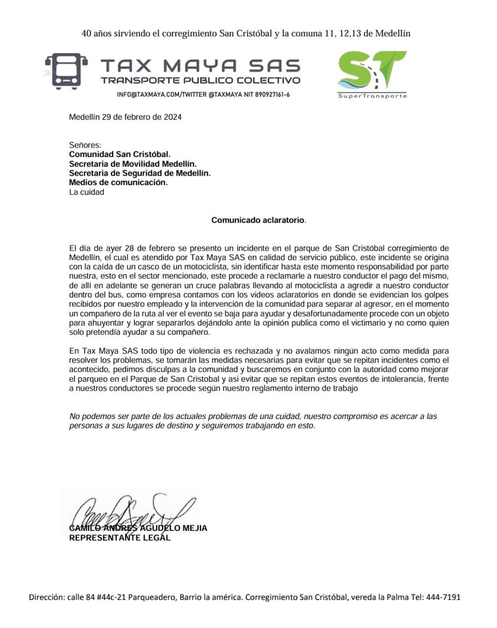 El Comunicado aclaratorio fue emitido por la empresa Tax Maya