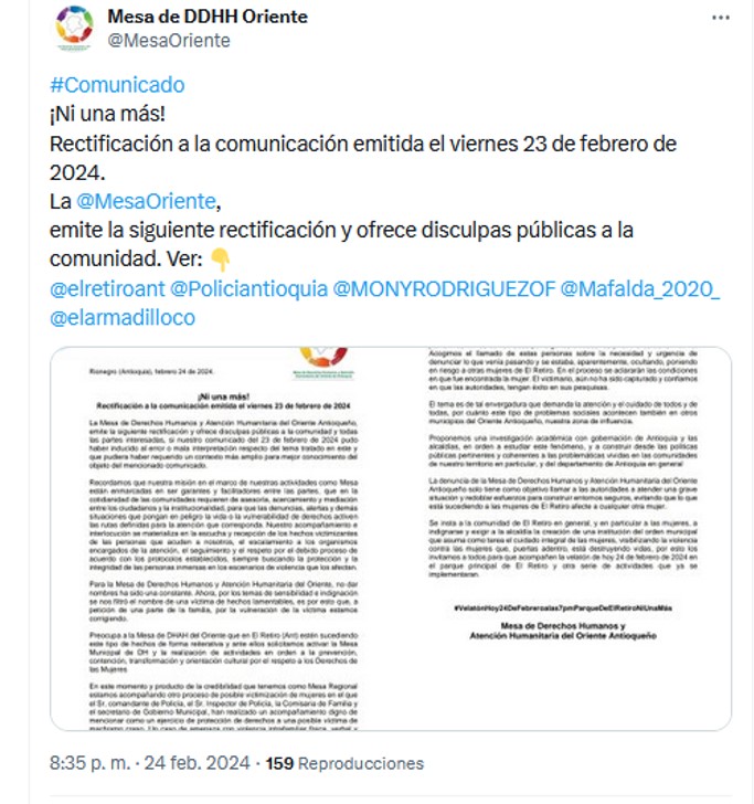 La Mesa DDhh Oriente emite la siguiente rectificación y ofrece disculpas públicas a la comunidad
