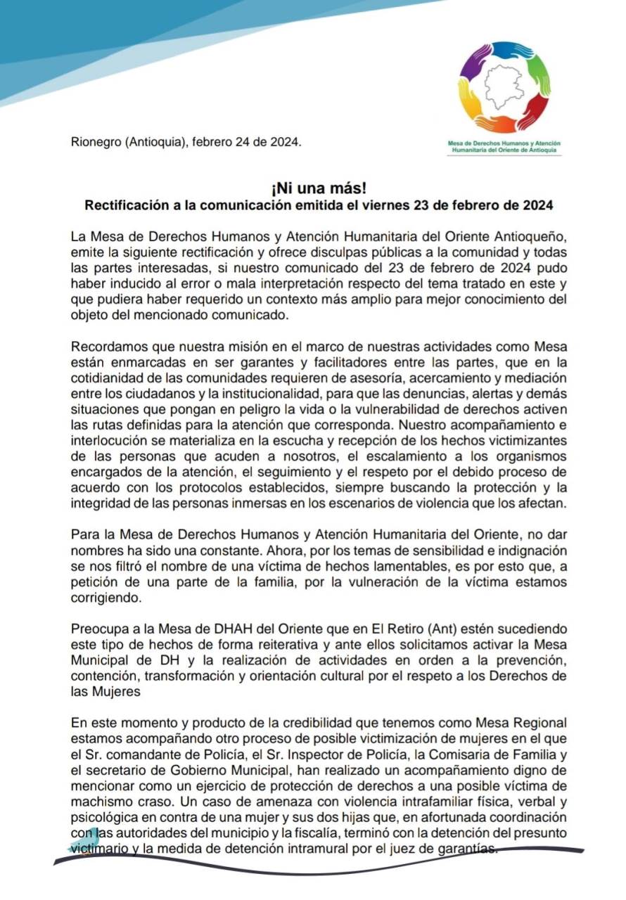 La Mesa DDhh Oriente emite la siguiente rectificación y ofrece disculpas públicas a la comunidad