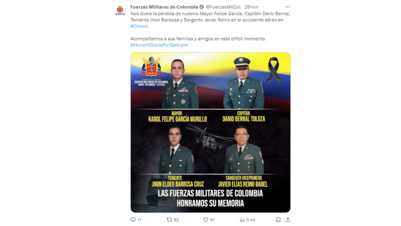 ¡Aquí! Identidad de los militares que fallecieron por la caída de un helicóptero en Unguía, Chocó