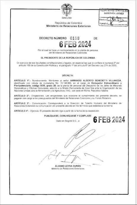 Posesión Armando Bendetti