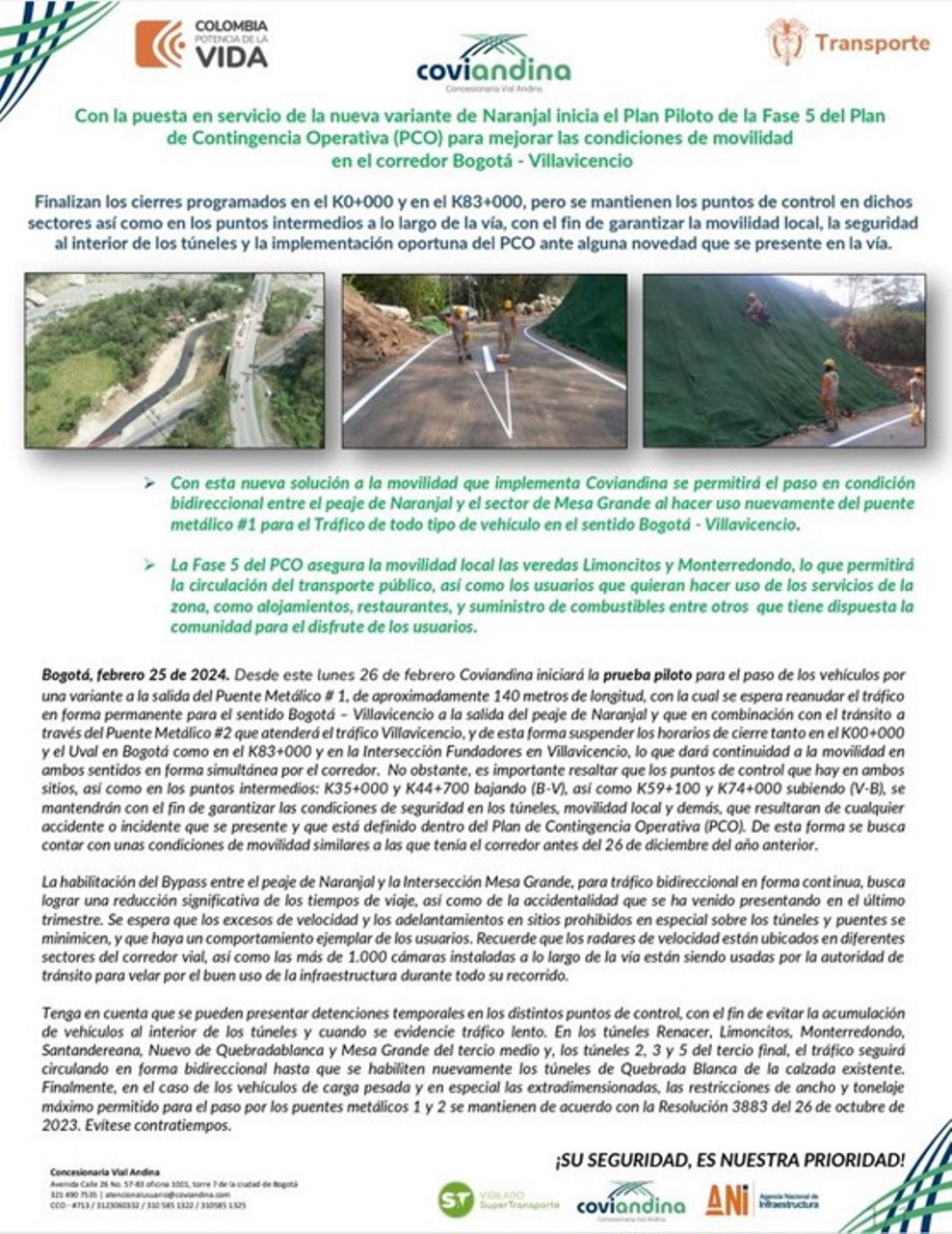 Este lunes 26 de febrero inicia el plan piloto para la reapertura sin restricción de la vía al Llano a través de la variante de Naranjal
