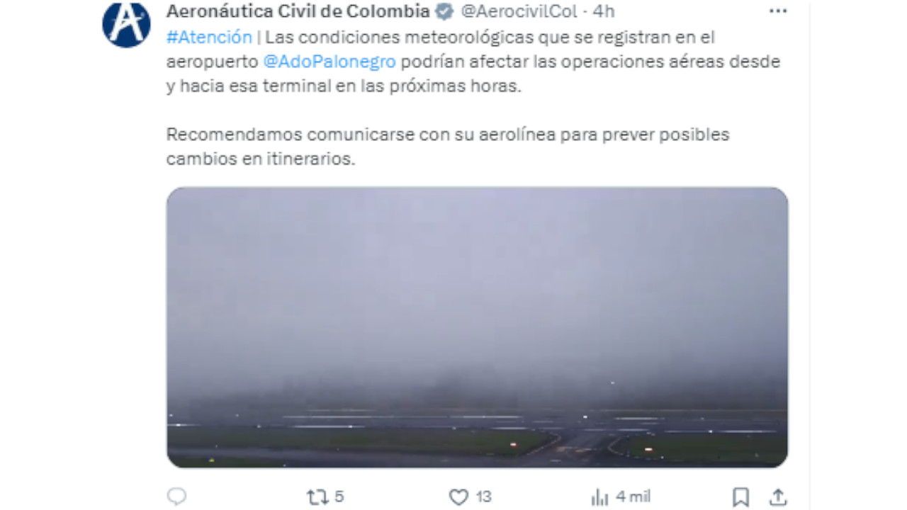 Retrasos en vuelos en el aeropuerto Palonegro de Bucaramanga debido condiciones meteorológicas