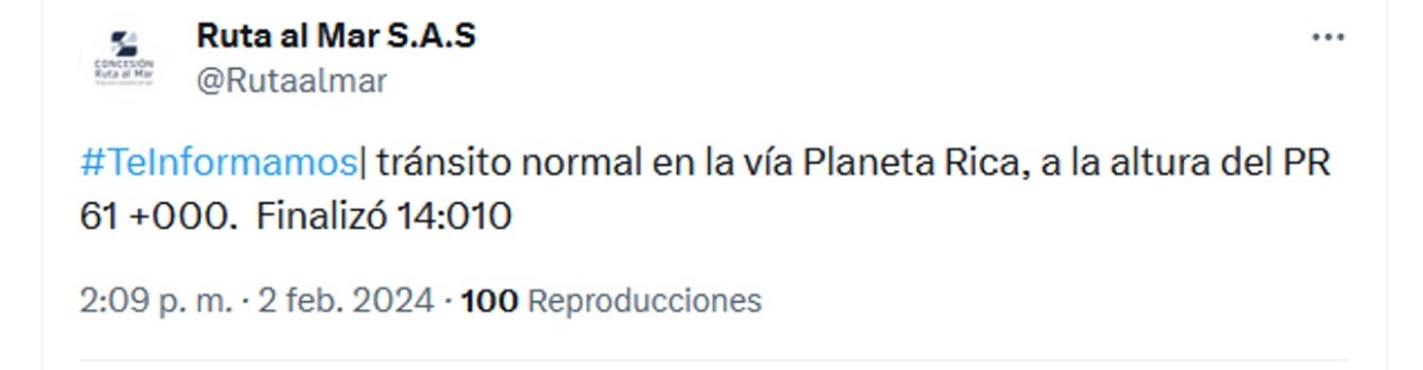 Ruta del Mar informa la apertura de la vía desde las 2:10 de la tarde. Trino de la Empresa Ruta del Mar