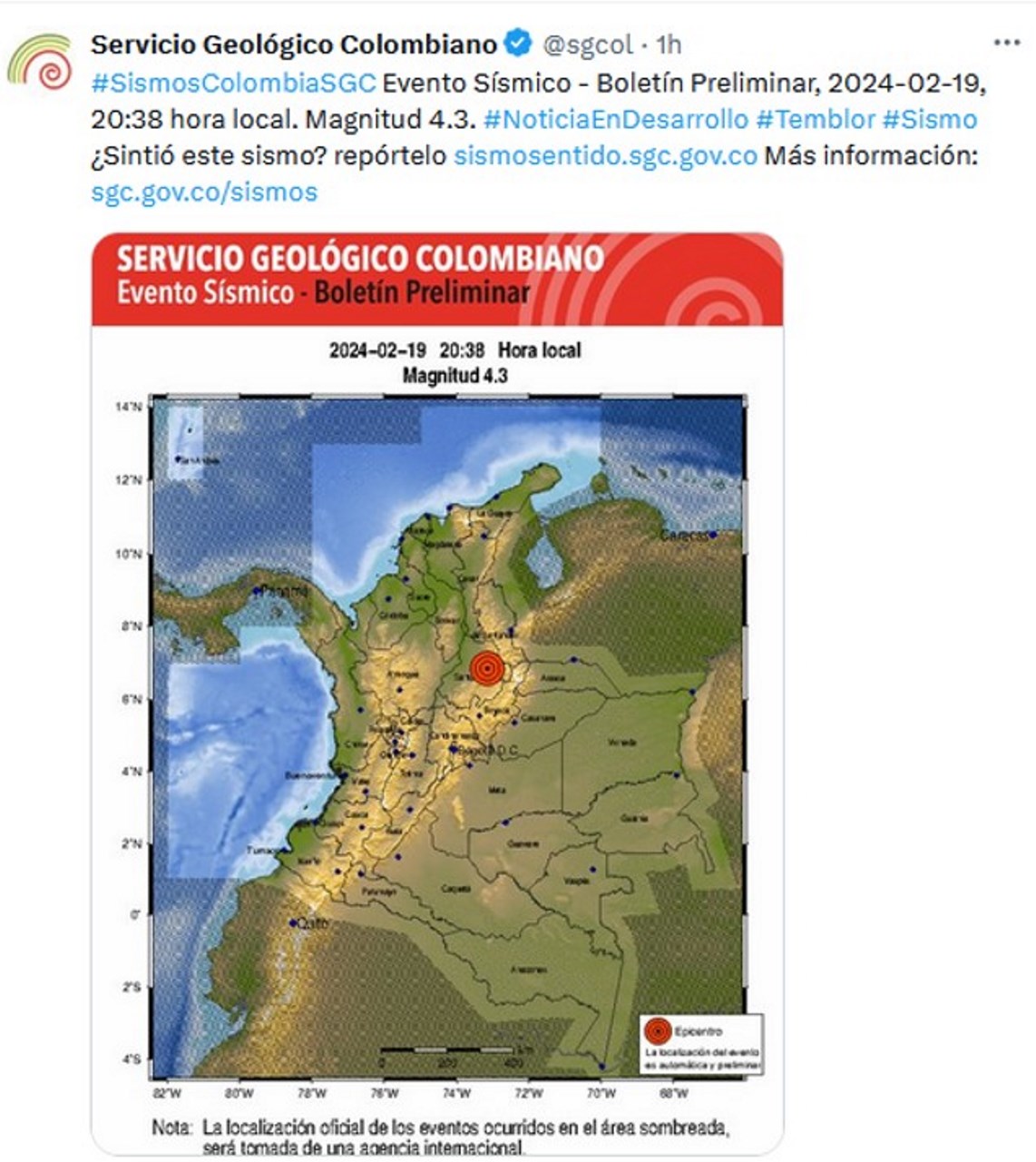 Reporte preliminar del sismo en que era valorado de 4.3 grados, para luego confirmar que su magnitud fue de 4.6 grados