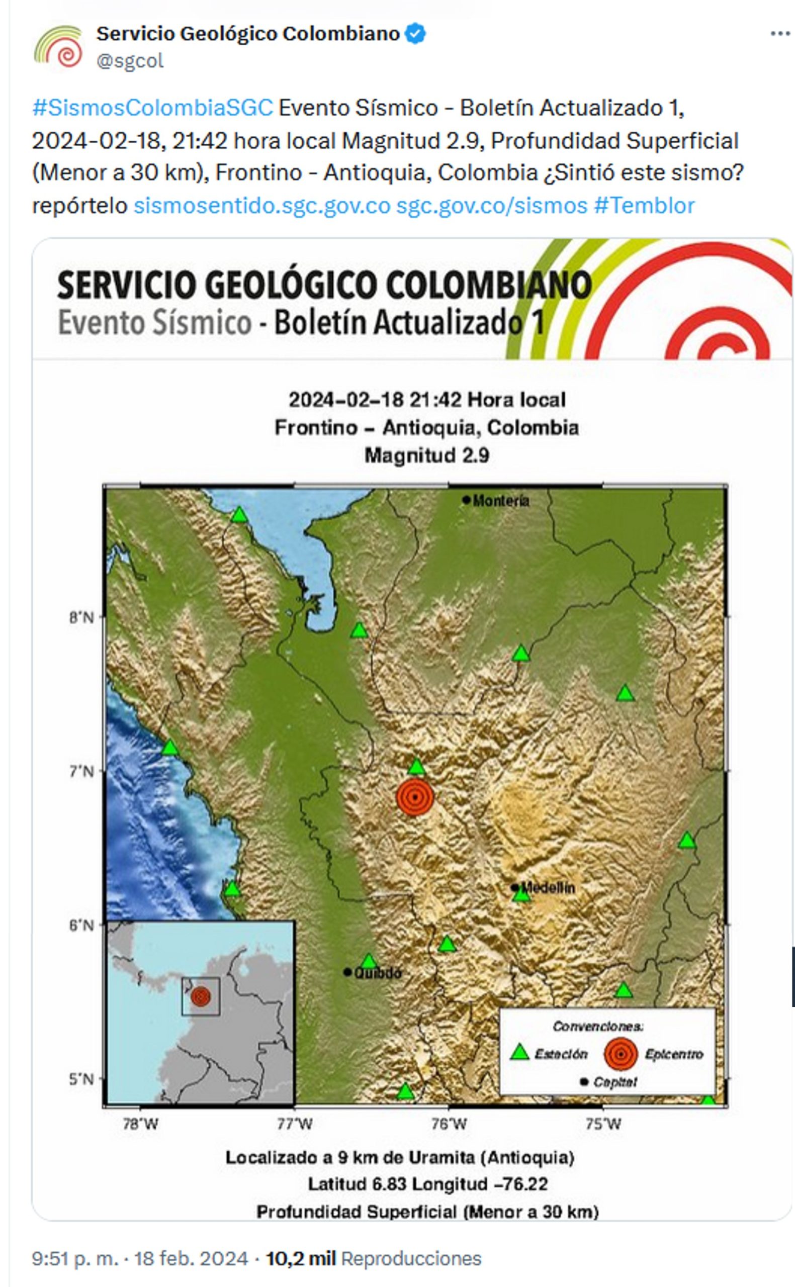 Se registró temblor de 2.9 grados la noche de este domingo 18 de febrero, con epicentro en el occidente de Antioquia