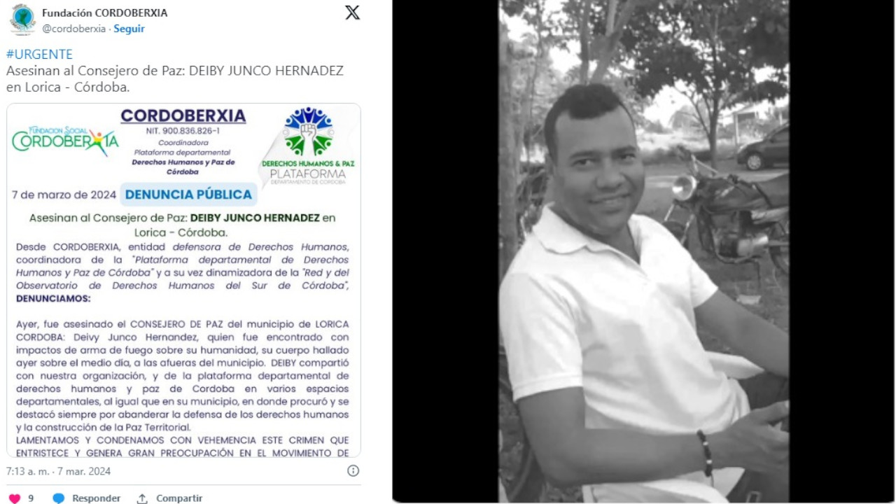 Asesinan a Deivy Hernández, consejero de paz en Córdoba