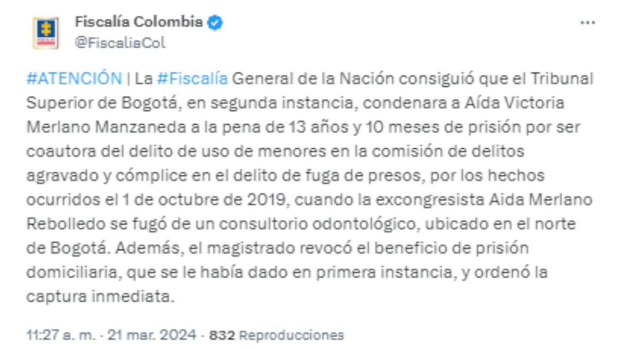 Aumenta a 13 años y ocho meses de prisión la condena en contra de Aida Victoria Merlano