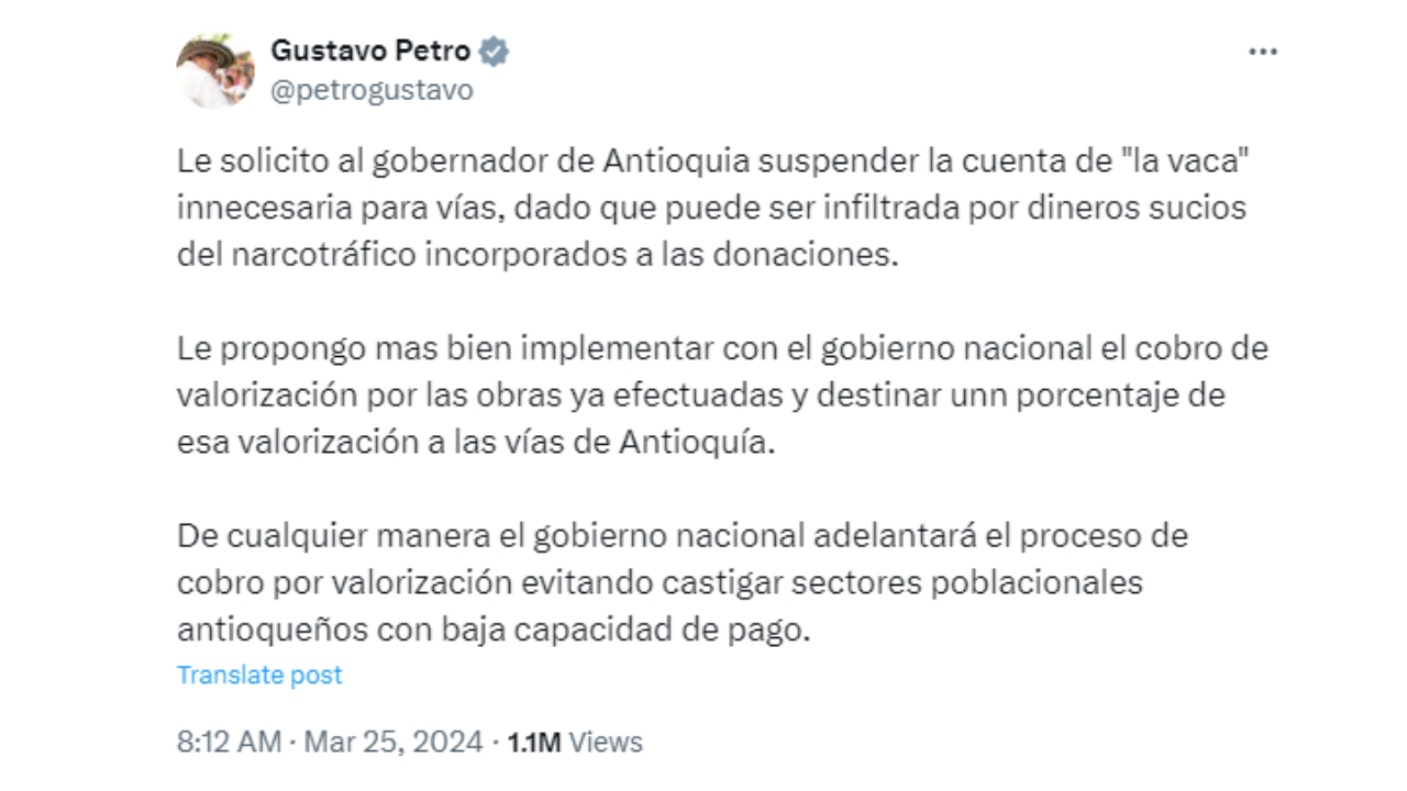 A Petro no le gustó la 'Vaca' de Antioquia y pide que se suspenda ¿Por qué? 