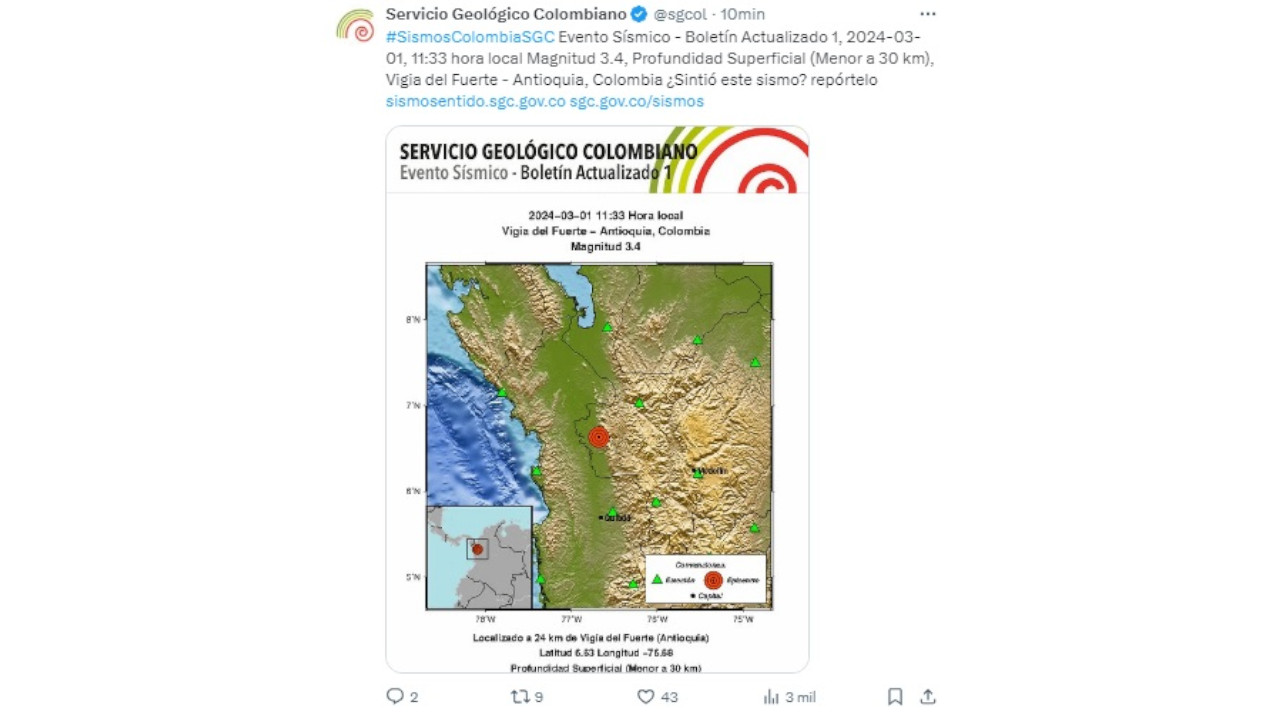 El tercer sismo de este viernes fue en Antioquia